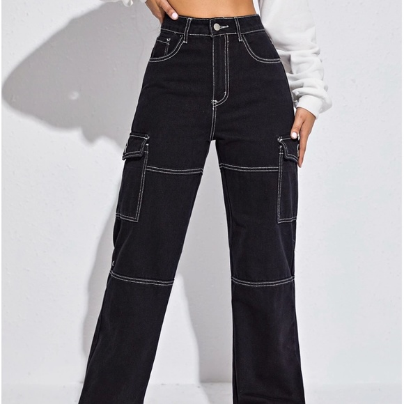 Jeans Ezwear High Waist Flap Pocket Whip Stitch Black Cargo Pants Not